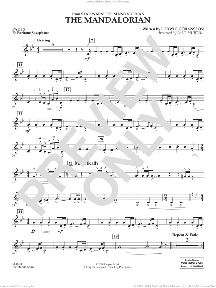 The Mandalorian (from Star Wars: The Mandalorian) (arr Paul Murtha) sheet music for concert band (pt.5 - Eb baritone saxophone) by Ludwig Göransson and Paul Murtha, intermediate skill level