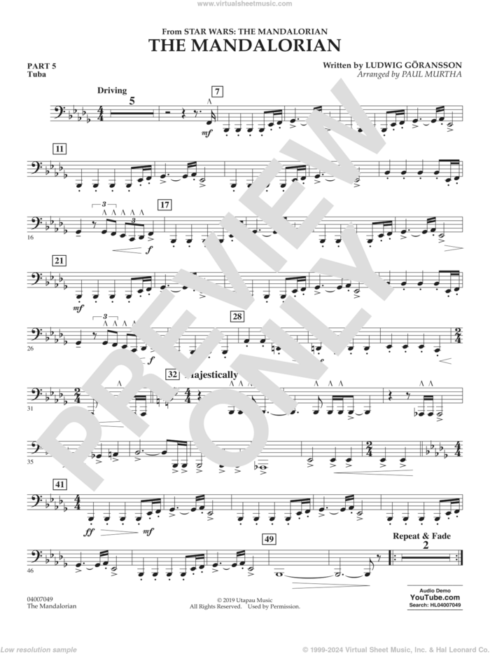 The Mandalorian (from Star Wars: The Mandalorian) (arr Paul Murtha) sheet music for concert band (pt.5 - tuba) by Ludwig Göransson and Paul Murtha, intermediate skill level