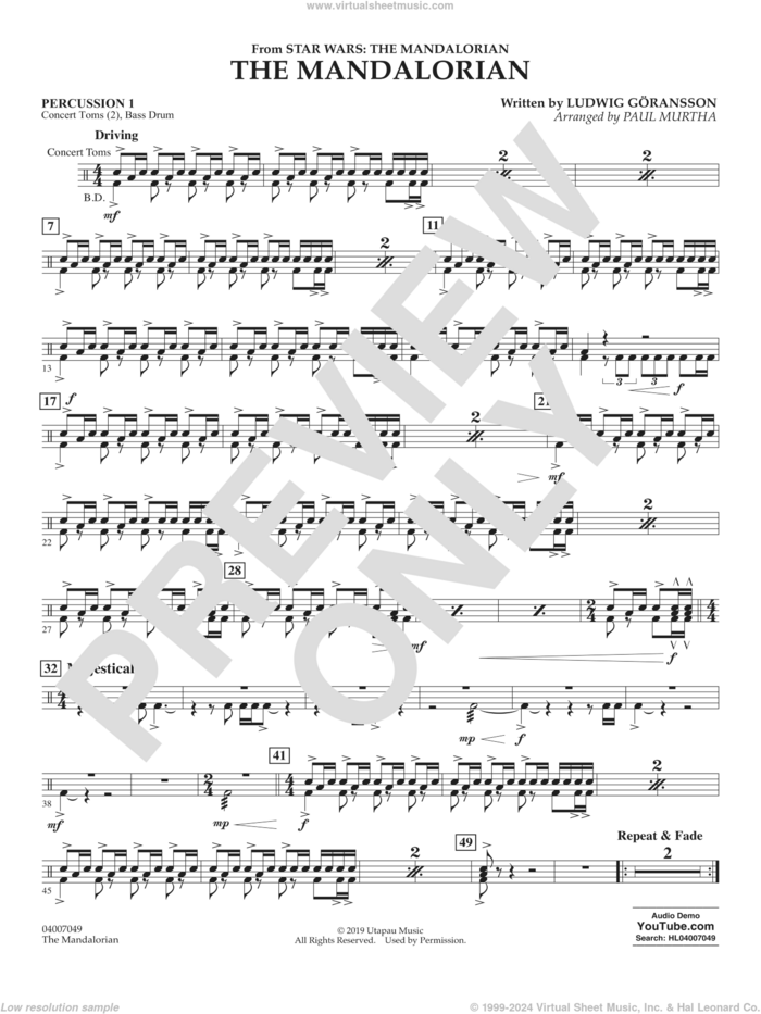 The Mandalorian (from Star Wars: The Mandalorian) (arr Paul Murtha) sheet music for concert band (percussion 1) by Ludwig Göransson and Paul Murtha, intermediate skill level