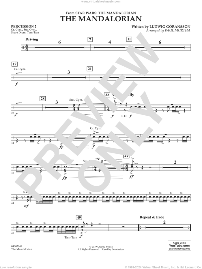 The Mandalorian (from Star Wars: The Mandalorian) (arr Paul Murtha) sheet music for concert band (percussion 2) by Ludwig Göransson and Paul Murtha, intermediate skill level