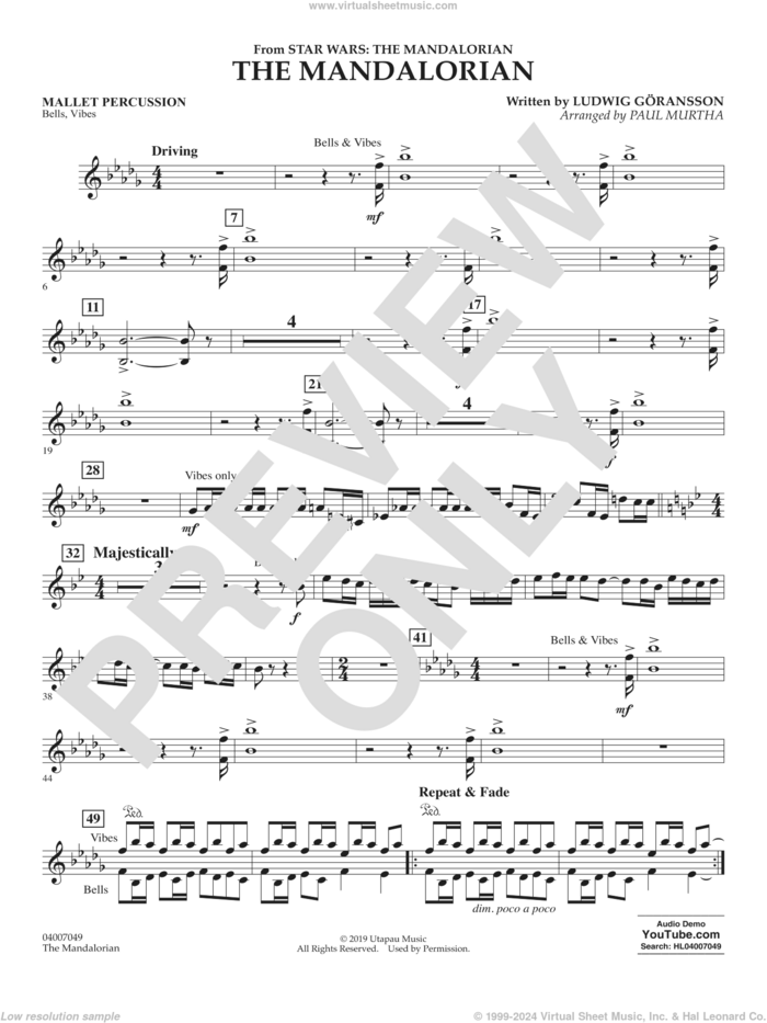 The Mandalorian (from Star Wars: The Mandalorian) (arr Paul Murtha) sheet music for concert band (mallet percussion) by Ludwig Göransson and Paul Murtha, intermediate skill level