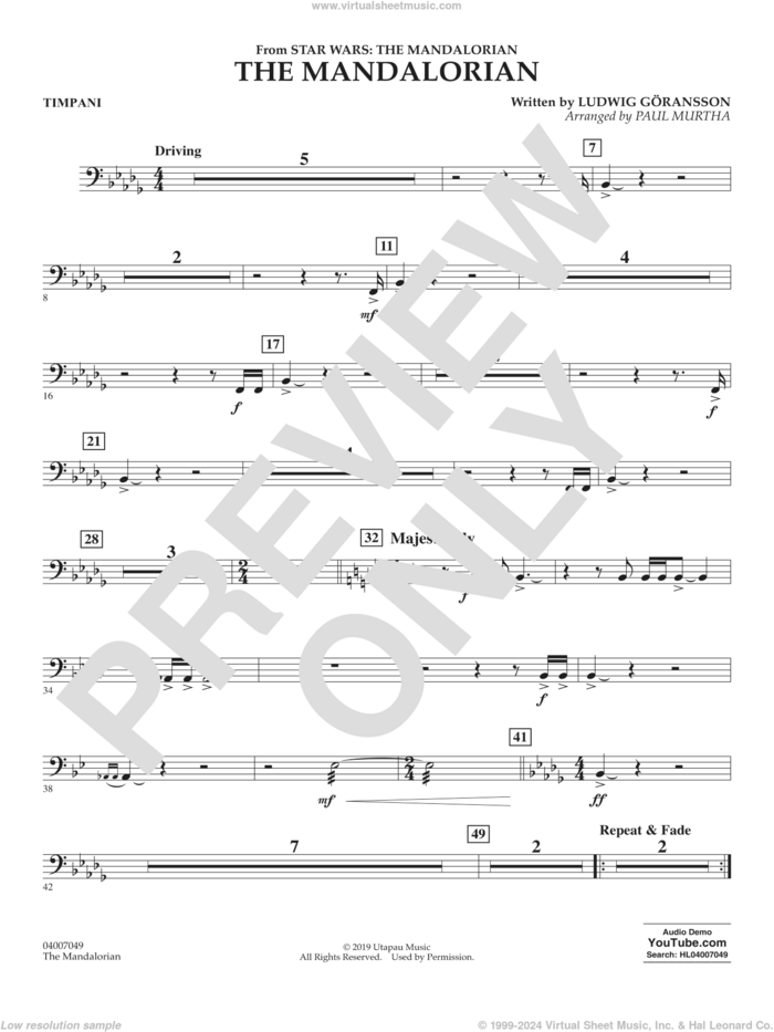 The Mandalorian (from Star Wars: The Mandalorian) (arr Paul Murtha) sheet music for concert band (timpani) by Ludwig Göransson and Paul Murtha, intermediate skill level