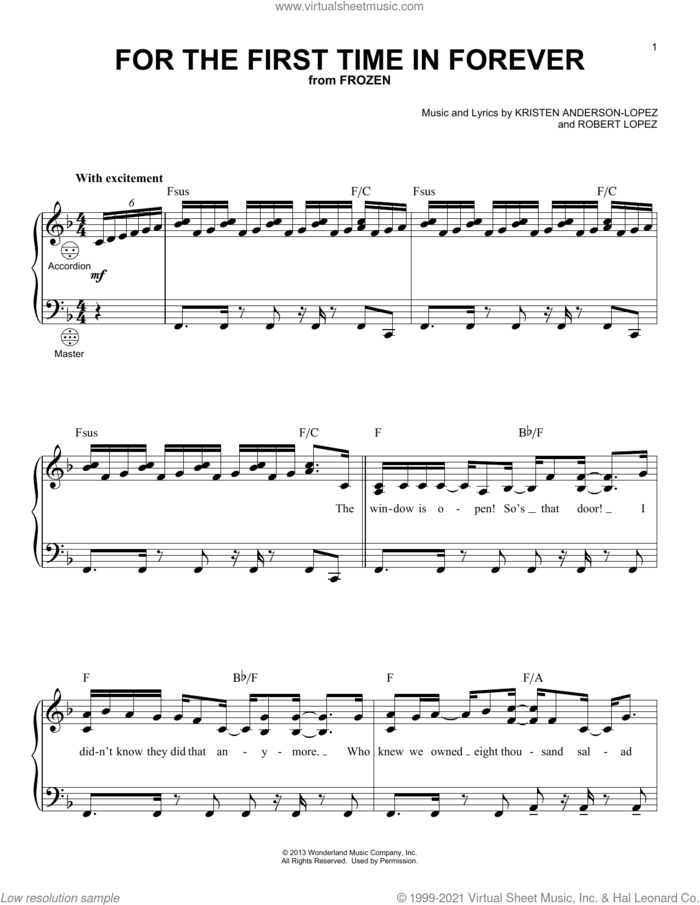 For The First Time In Forever (from Frozen) sheet music for accordion by Robert Lopez, Kristen Bell, Idina Menzel and Kristen Anderson-Lopez, intermediate skill level