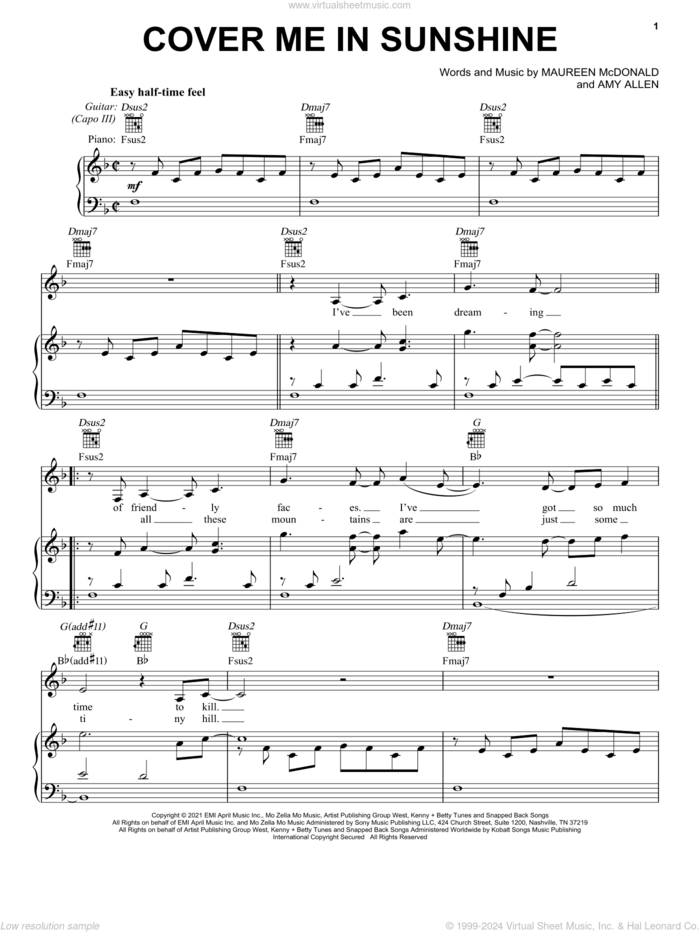 Cover Me In Sunshine sheet music for voice, piano or guitar by P!nk & Willow Sage Hart, Amy Allen and Maureen McDonald, intermediate skill level