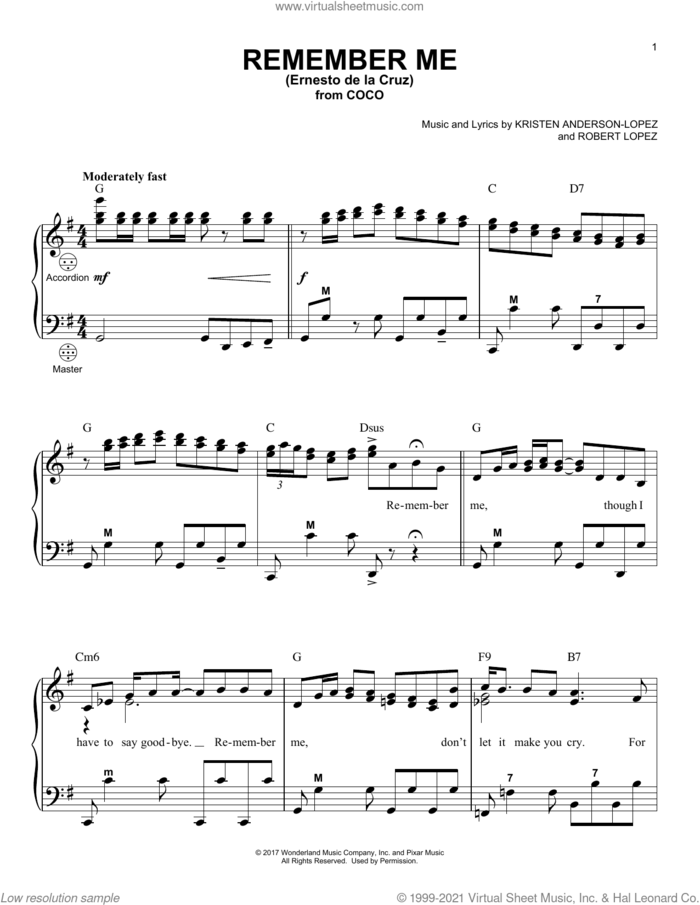 Remember Me (Ernesto de la Cruz) (from Coco) sheet music for accordion by Robert Lopez, Kristen Anderson-Lopez and Kristen Anderson-Lopez & Robert Lopez, intermediate skill level