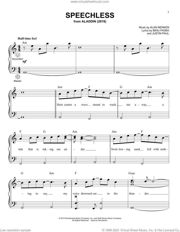 Speechless (from Disney's Aladdin) sheet music for accordion by Naomi Scott, Alan Menken, Benj Pasek and Justin Paul, intermediate skill level