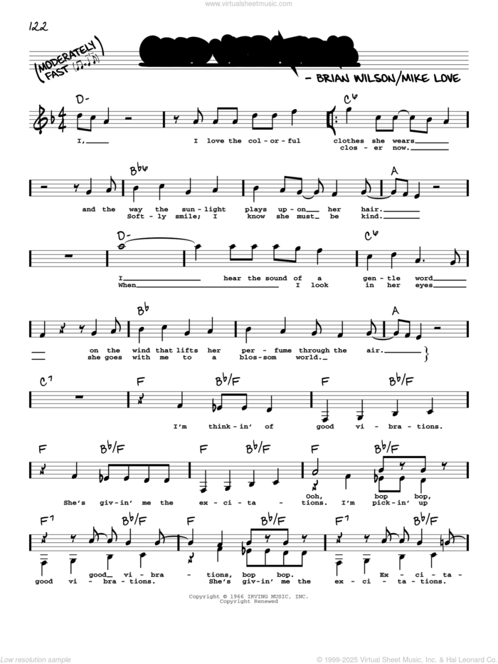 Good Vibrations sheet music for voice and other instruments (real book with lyrics) by The Beach Boys, Brian Wilson and Mike Love, intermediate skill level