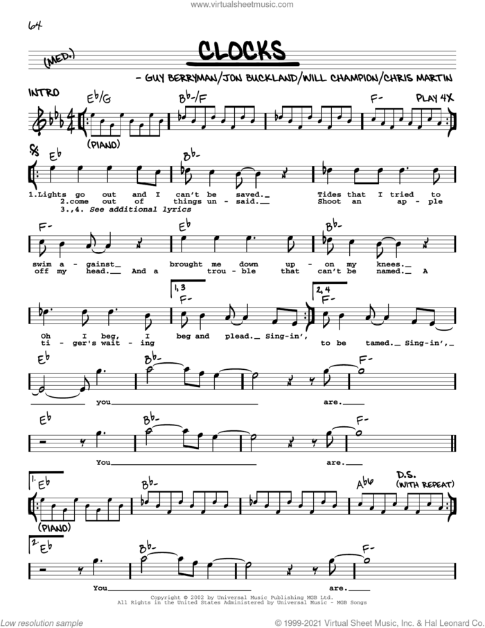Clocks sheet music for voice and other instruments (real book with lyrics) by Coldplay, Chris Martin, Guy Berryman, Jon Buckland and Will Champion, intermediate skill level