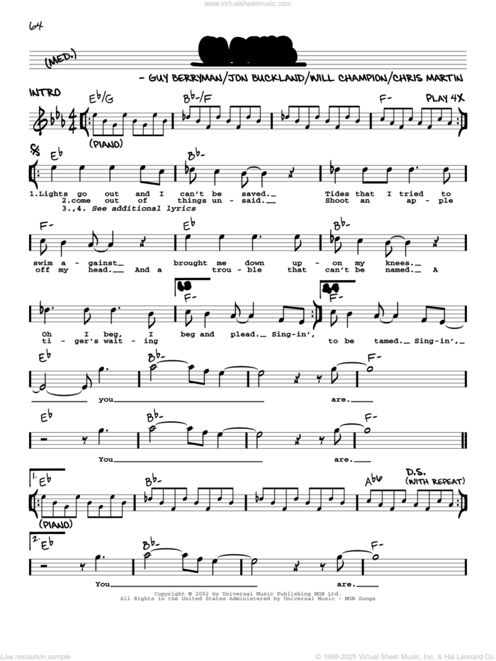 Clocks sheet music for voice and other instruments (real book with lyrics) by Coldplay, Chris Martin, Guy Berryman, Jon Buckland and Will Champion, intermediate skill level