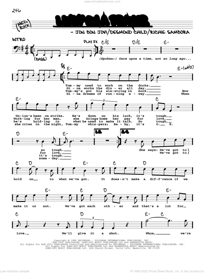 Livin' On A Prayer sheet music for voice and other instruments (real book with lyrics) by Bon Jovi, Desmond Child and Richie Sambora, intermediate skill level