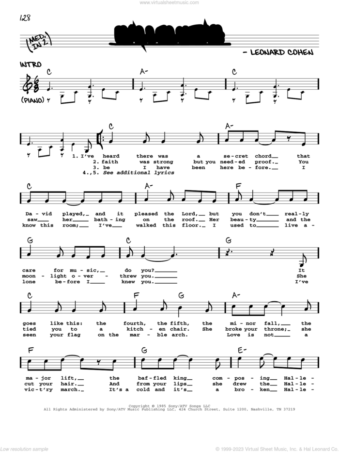Hallelujah sheet music for voice and other instruments (real book with lyrics) by Leonard Cohen, intermediate skill level