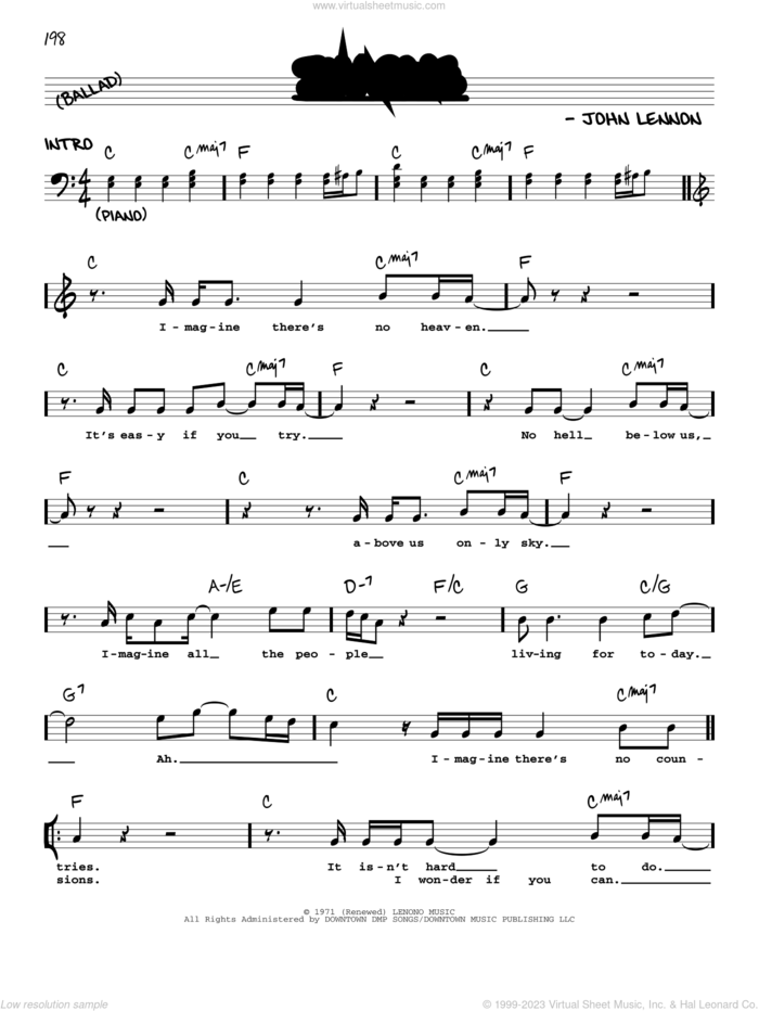 Imagine sheet music for voice and other instruments (real book with lyrics) by John Lennon, intermediate skill level