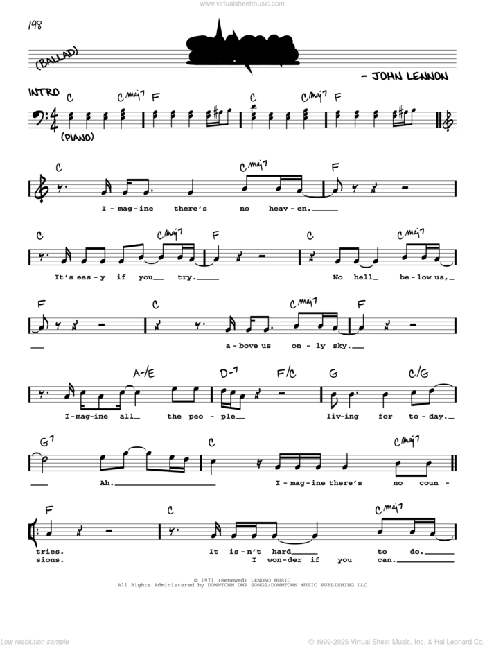 Imagine sheet music for voice and other instruments (real book with lyrics) by John Lennon, intermediate skill level