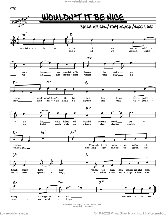 Wouldn't It Be Nice sheet music for voice and other instruments (real book with lyrics) by The Beach Boys, Brian Wilson, Mike Love and Tony Asher, intermediate skill level