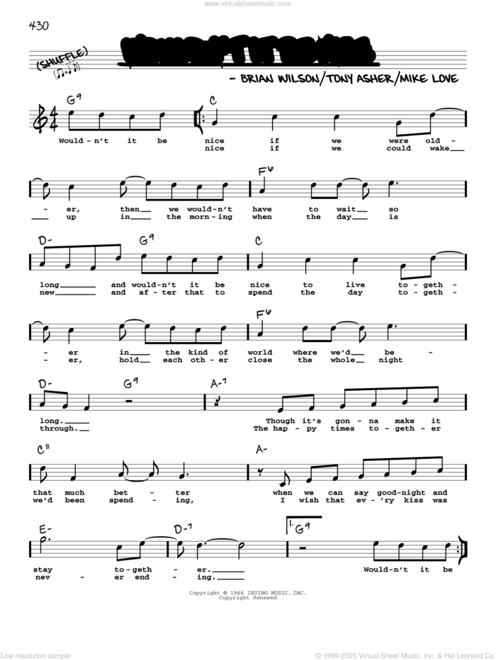 Wouldn't It Be Nice sheet music for voice and other instruments (real book with lyrics) by The Beach Boys, Brian Wilson, Mike Love and Tony Asher, intermediate skill level