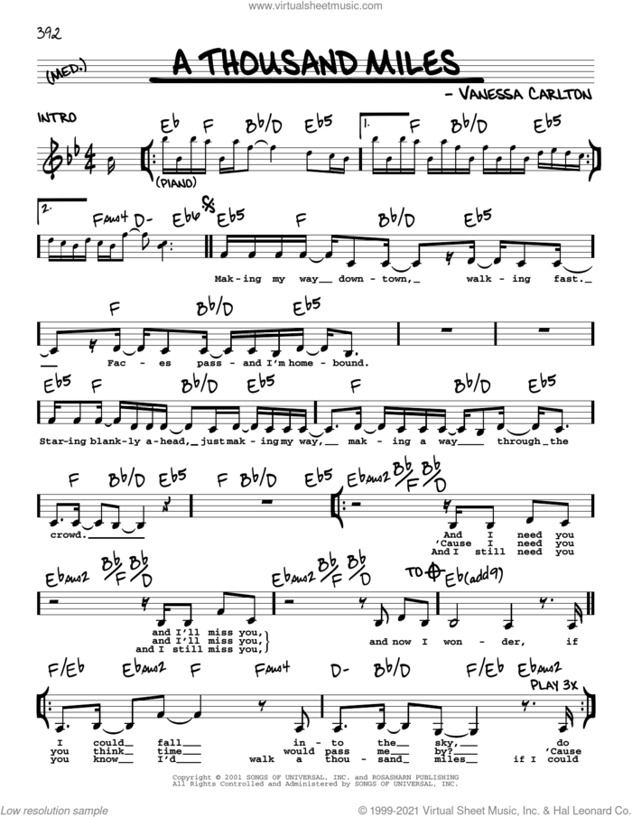 A Thousand Miles sheet music for voice and other instruments (real book with lyrics) by Vanessa Carlton, intermediate skill level