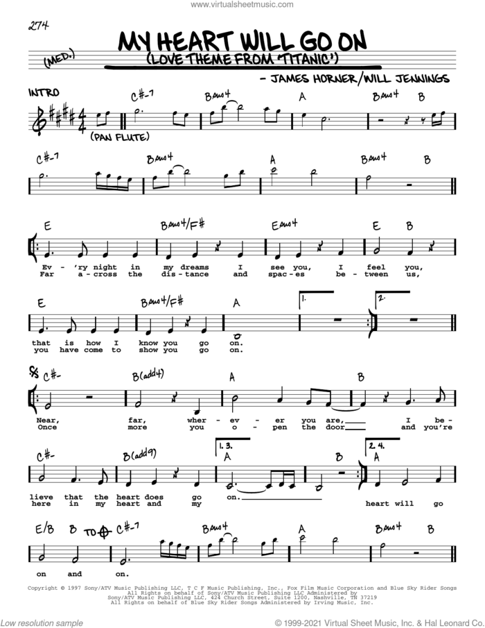 My Heart Will Go On (Love Theme from Titanic) sheet music for voice and other instruments (real book with lyrics) by Celine Dion, James Horner and Will Jennings, wedding score, intermediate skill level