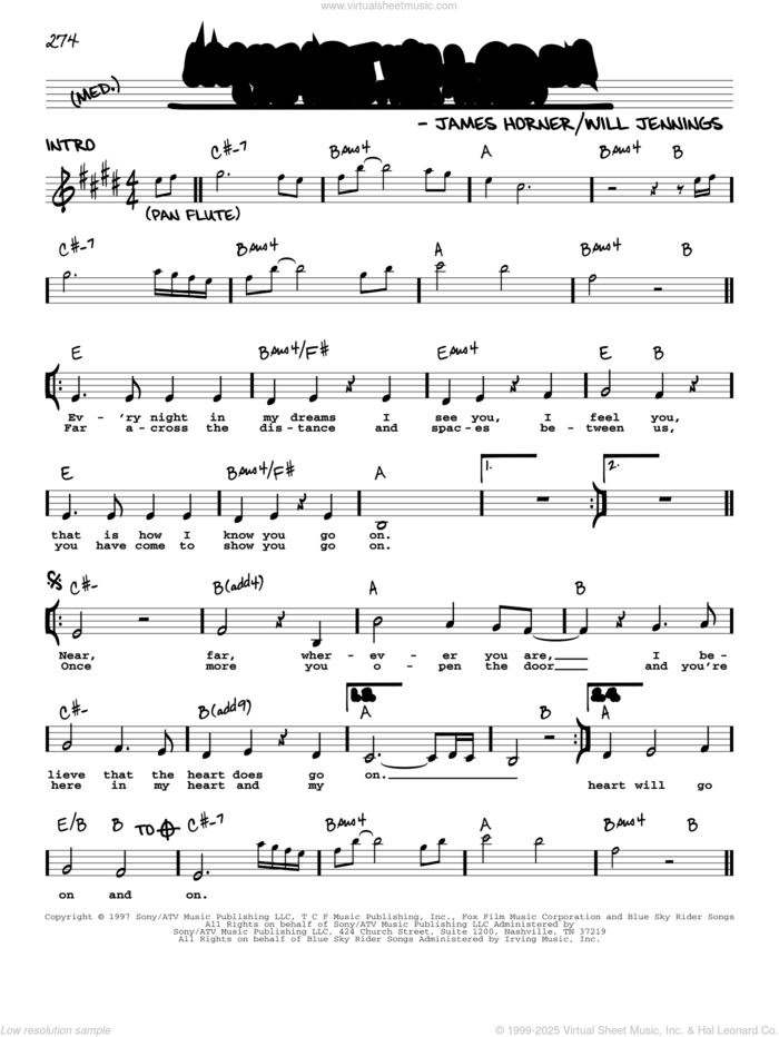 My Heart Will Go On (Love Theme from Titanic) sheet music for voice and other instruments (real book with lyrics) by Celine Dion, James Horner and Will Jennings, wedding score, intermediate skill level