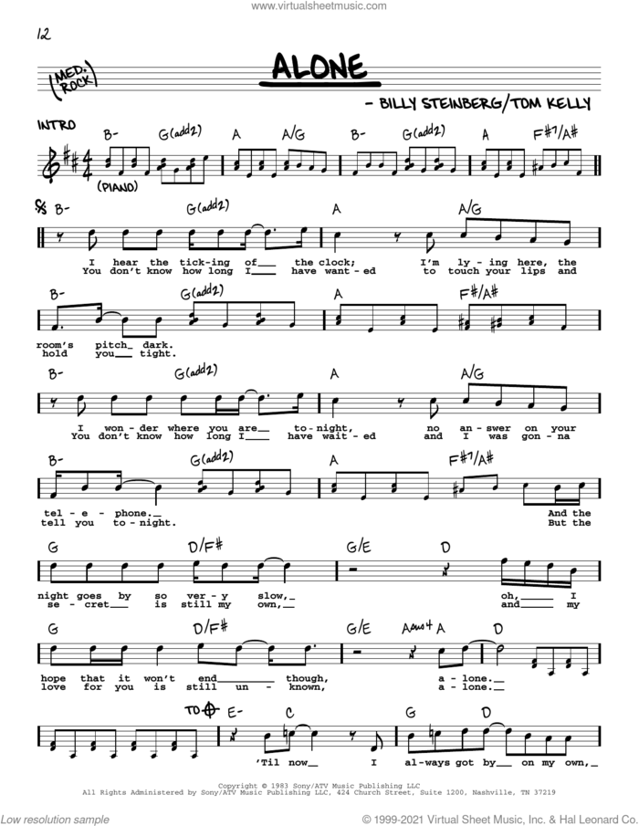 Alone sheet music for voice and other instruments (real book with lyrics) by Heart, Billy Steinberg and Tom Kelly, intermediate skill level