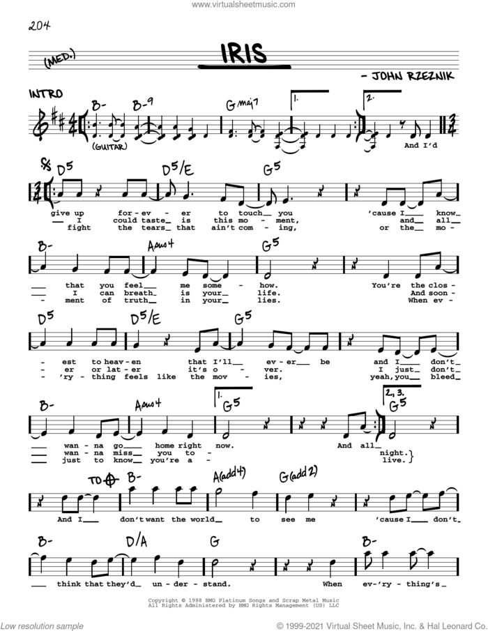 Iris sheet music for voice and other instruments (real book with lyrics) by Goo Goo Dolls and John Rzeznik, intermediate skill level