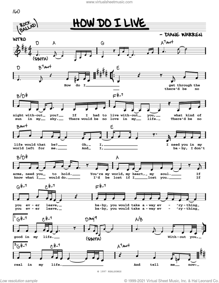 How Do I Live sheet music for voice and other instruments (real book with lyrics) by LeAnn Rimes and Diane Warren, intermediate skill level
