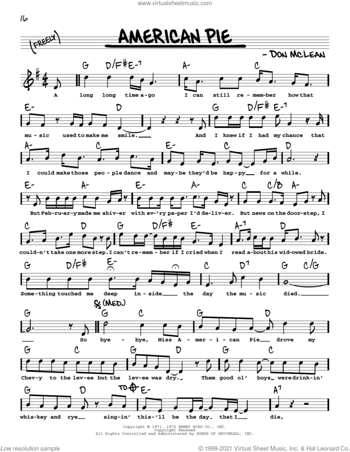 American Pie sheet music for voice and other instruments (real book with lyrics) by Don McLean, intermediate skill level