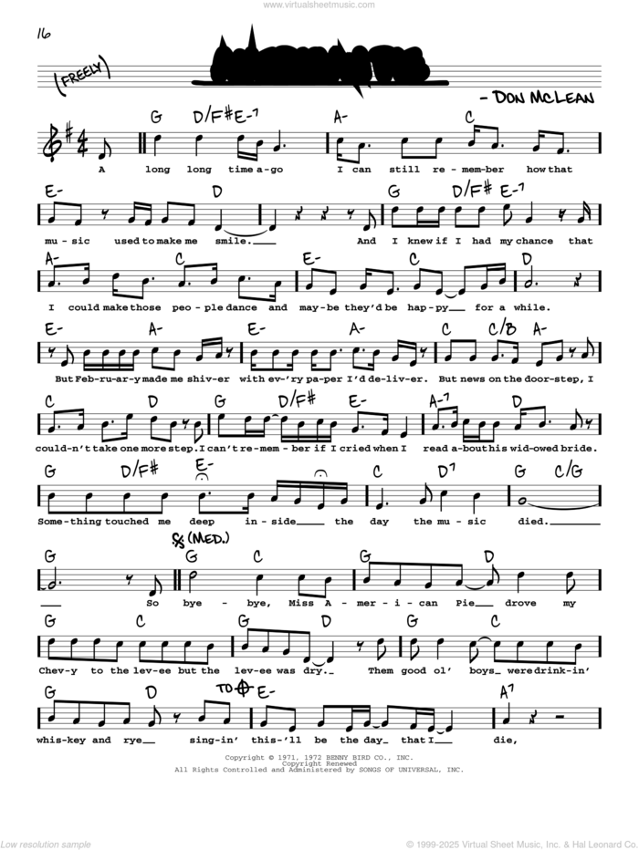 American Pie sheet music for voice and other instruments (real book with lyrics) by Don McLean, intermediate skill level