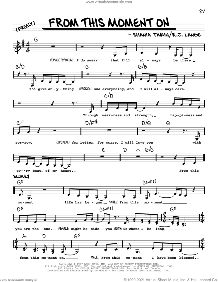 From This Moment On sheet music for voice and other instruments (real book with lyrics) by Shania Twain and Robert John Lange, wedding score, intermediate skill level