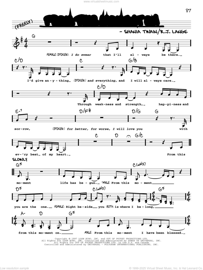 From This Moment On sheet music for voice and other instruments (real book with lyrics) by Shania Twain and Robert John Lange, wedding score, intermediate skill level