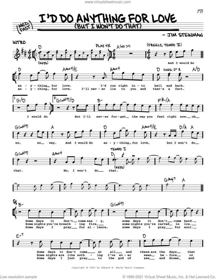 I'd Do Anything For Love (But I Won't Do That) sheet music for voice and other instruments (real book with lyrics) by Meat Loaf and Jim Steinman, intermediate skill level