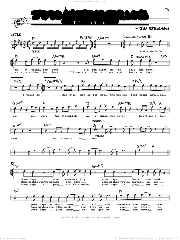 I'd Do Anything For Love (But I Won't Do That) sheet music for voice and other instruments (real book with lyrics) by Meat Loaf and Jim Steinman, intermediate skill level