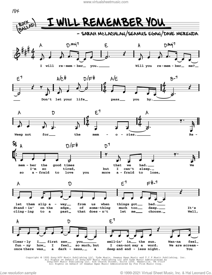 I Will Remember You sheet music for voice and other instruments (real book with lyrics) by Sarah McLachlan, Dave Merenda and Seamus Egan, intermediate skill level