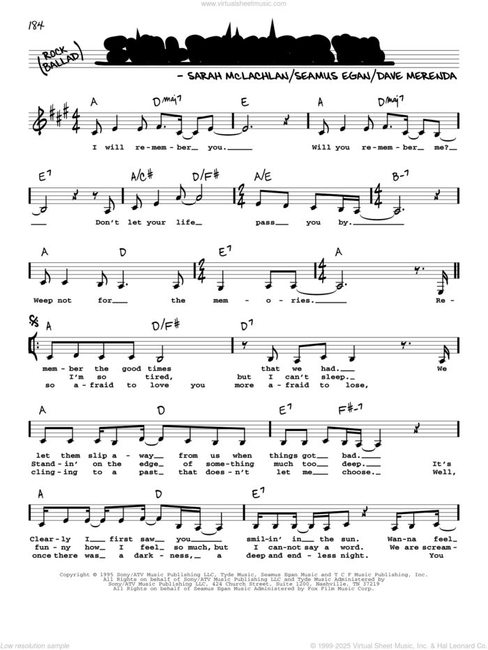 I Will Remember You sheet music for voice and other instruments (real book with lyrics) by Sarah McLachlan, Dave Merenda and Seamus Egan, intermediate skill level