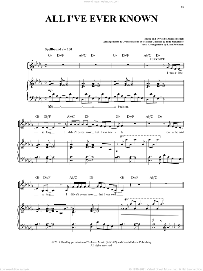 All I've Ever Known (from Hadestown) sheet music for voice and piano by Anais Mitchell, intermediate skill level