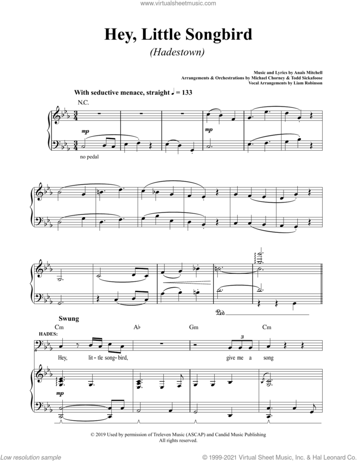 Hey, Little Songbird (from Hadestown) sheet music for voice and piano by Anais Mitchell, intermediate skill level