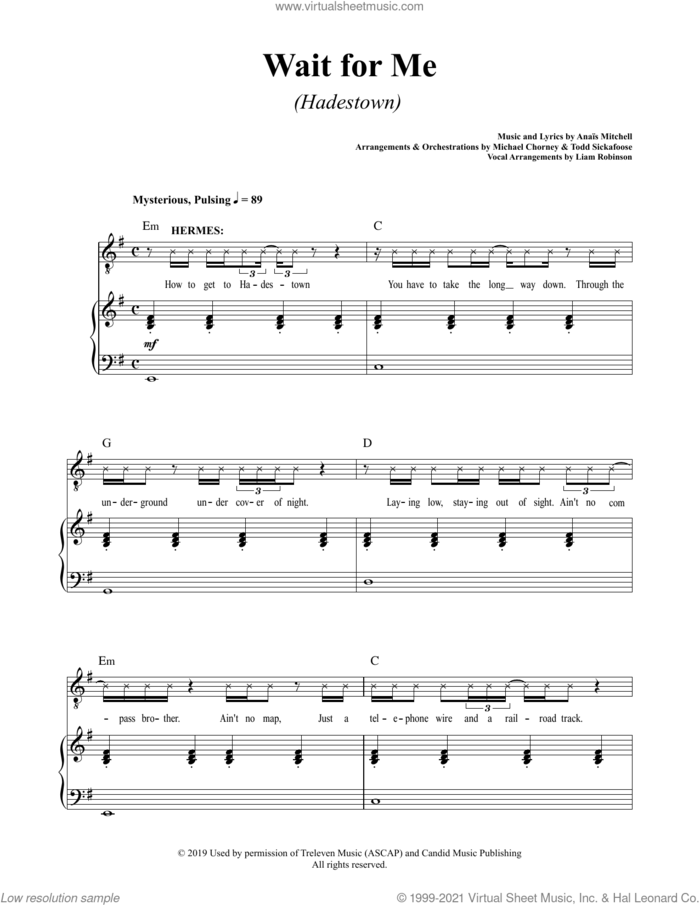 Wait For Me (from Hadestown) sheet music for voice and piano by Anais Mitchell, intermediate skill level