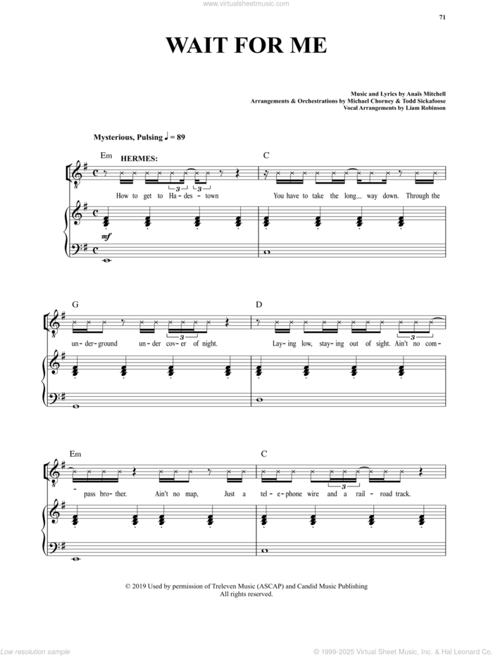 Wait For Me (from Hadestown) sheet music for voice and piano by Anais Mitchell, intermediate skill level