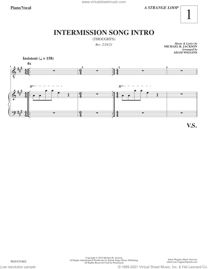 Intermission Song Intro (from A Strange Loop) sheet music for voice and piano by Michael R. Jackson, intermediate skill level