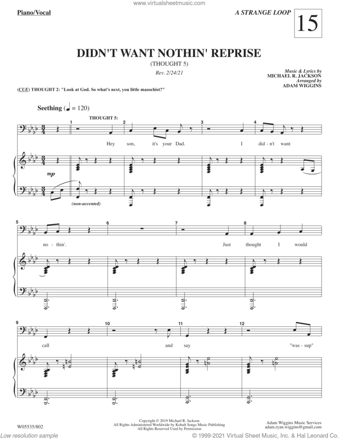 Didn't Want Nothin' Reprise (from A Strange Loop) sheet music for voice and piano by Michael R. Jackson, intermediate skill level