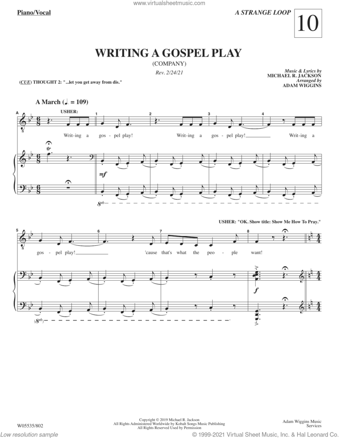 Writing A Gospel Play (from A Strange Loop) sheet music for voice and piano by Michael R. Jackson, intermediate skill level