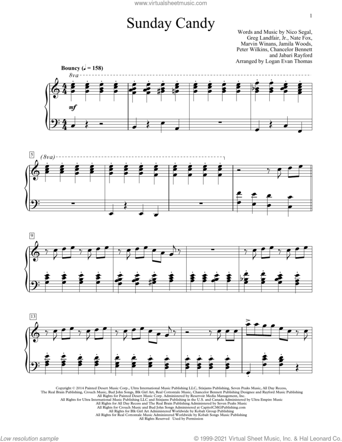 Sunday Candy (arr. Logan Evan Thomas) sheet music for piano solo (elementary) by Chance The Rapper, Logan Evan Thomas, Donnie Trumpet & The Social Experiment, Chancelor Bennett, Greg Landfair, Jamila Woods, Marvin Winans, Nate Fox, Nico Segal and Peter Wilkins, beginner piano (elementary)