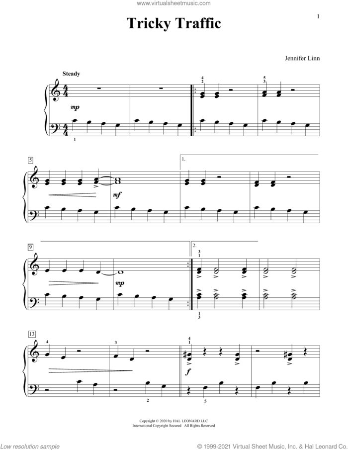 Tricky Traffic sheet music for piano solo (elementary) by Jennifer Linn, classical score, beginner piano (elementary)