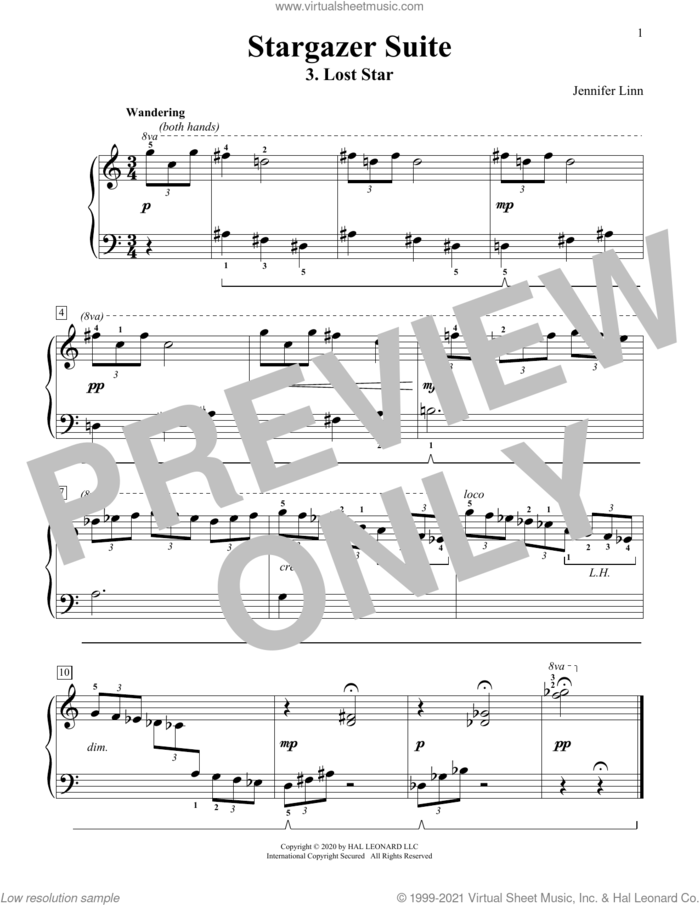 Stargazer Suite: 3. Lost Star sheet music for piano solo (elementary) by Jennifer Linn, classical score, beginner piano (elementary)