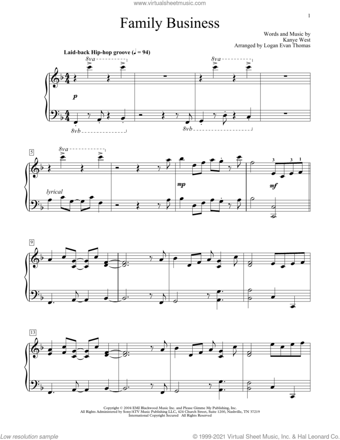 Family Business (arr. Logan Evan Thomas) sheet music for piano solo (elementary) by Kanye West and Logan Evan Thomas, beginner piano (elementary)