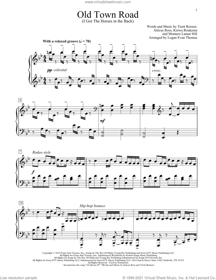 Old Town Road (I Got The Horses In The Back) (arr. Logan Evan Thomas) sheet music for piano solo (elementary) by Lil Nas X, Logan Evan Thomas, Atticus Ross, Kiowa Roukema, Montero Lamar Hill and Trent Reznor, beginner piano (elementary)