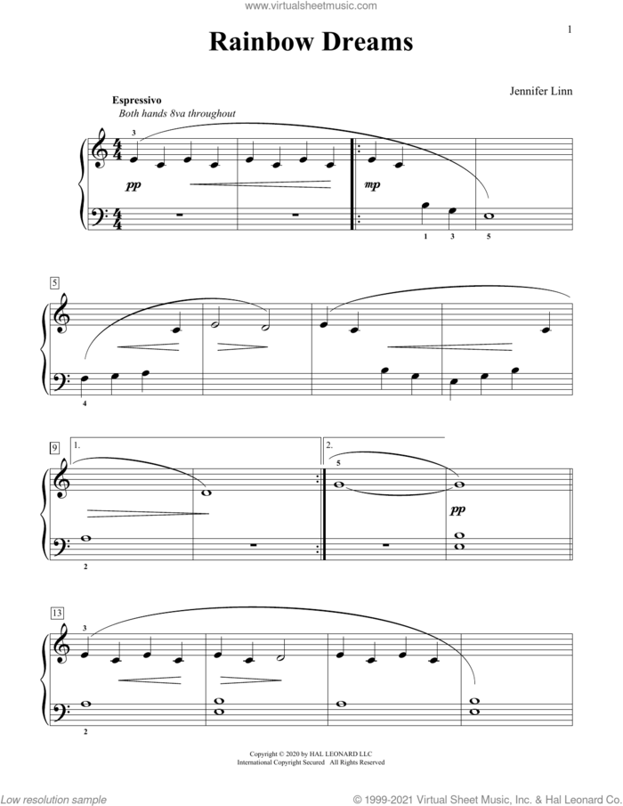 Rainbow Dreams sheet music for piano solo (elementary) by Jennifer Linn, classical score, beginner piano (elementary)