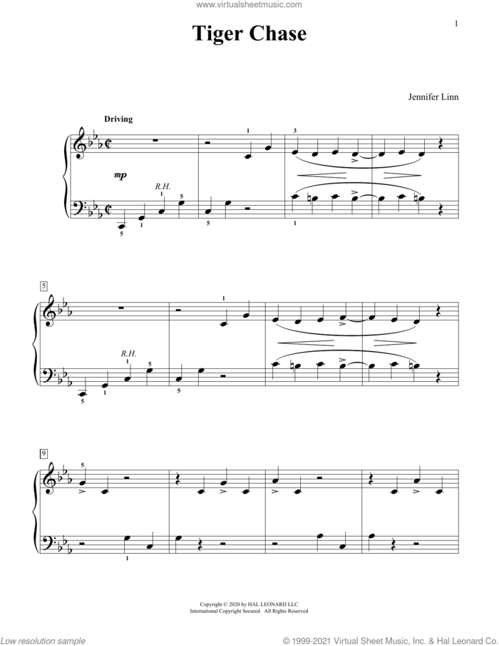 Tiger Chase sheet music for piano solo (elementary) by Jennifer Linn, classical score, beginner piano (elementary)