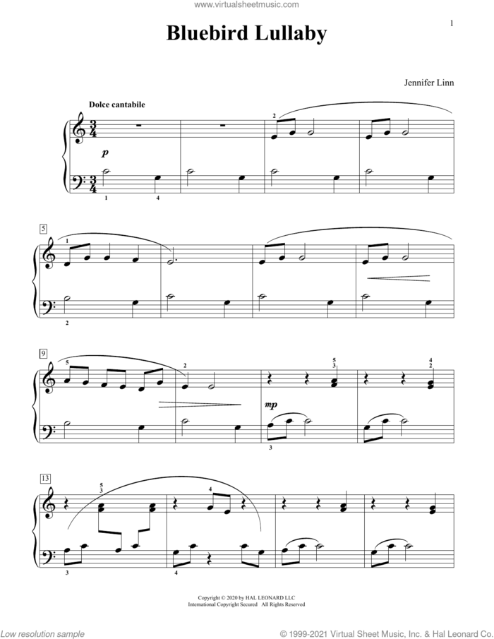 Bluebird Lullaby sheet music for piano solo (elementary) by Jennifer Linn, classical score, beginner piano (elementary)