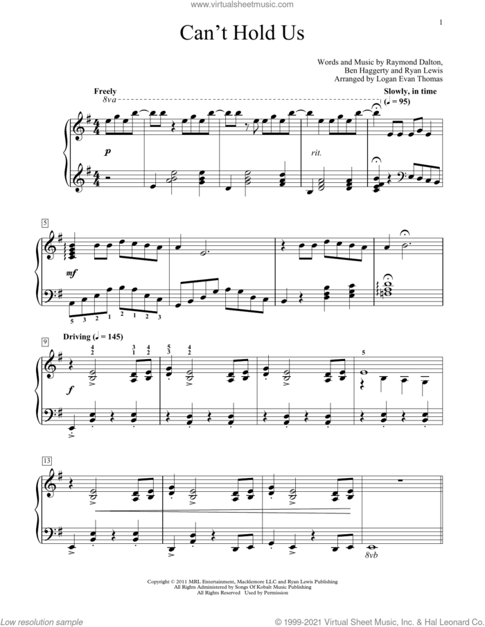 Can't Hold Us (arr. Logan Evan Thomas) sheet music for piano solo (elementary) by Macklemore & Ryan Lewis, Logan Evan Thomas, Ben Haggerty, Macklemore and Ryan Lewis, beginner piano (elementary)