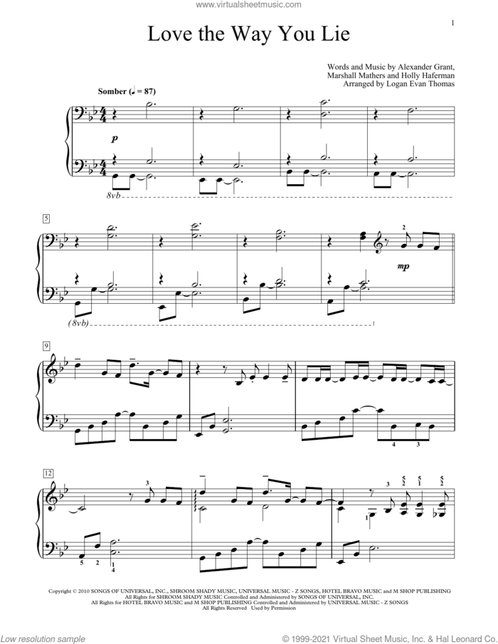 Love The Way You Lie (feat. Rihanna) (arr. Logan Evan Thomas) sheet music for piano solo (elementary) by Eminem, Logan Evan Thomas, Alexander Grant, Holly Haferman and Marshall Mathers, beginner piano (elementary)